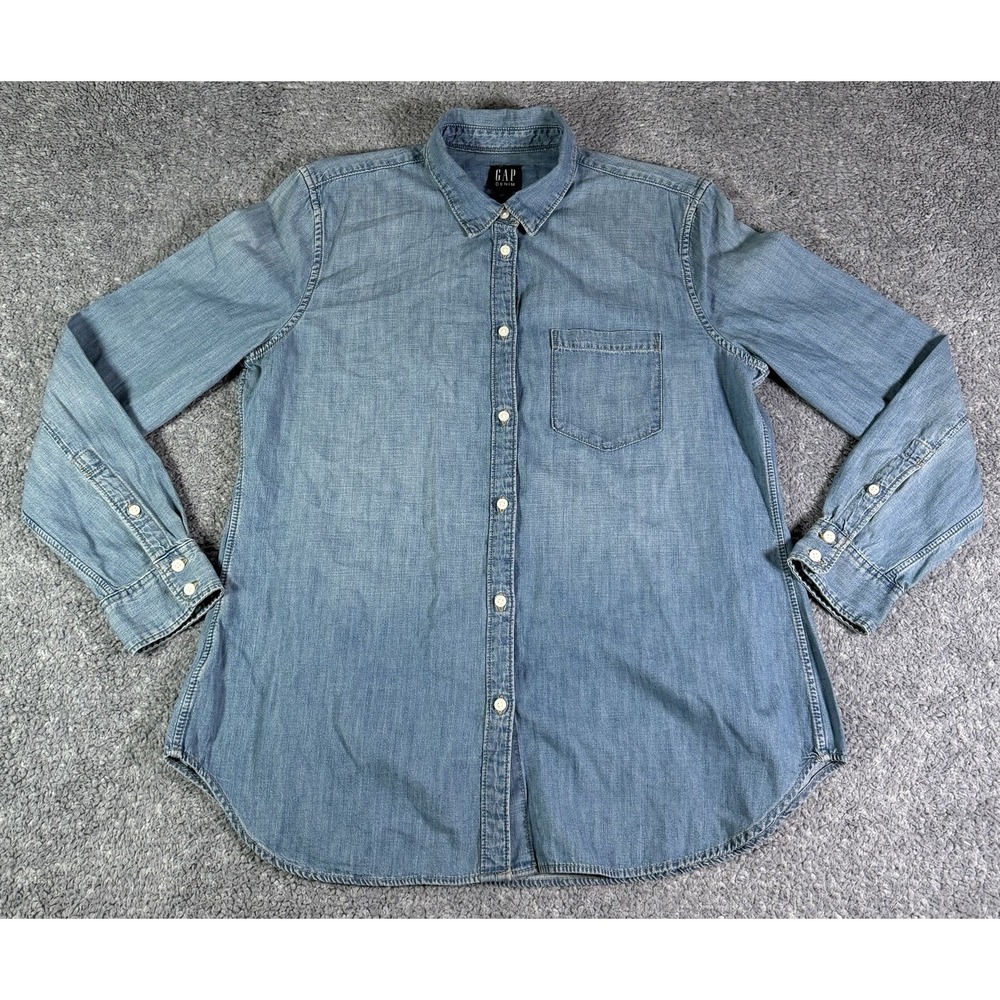 Gap Perfect Shirt Women's L Indigo Denim Chambray 100% Cotton Button Up Casual